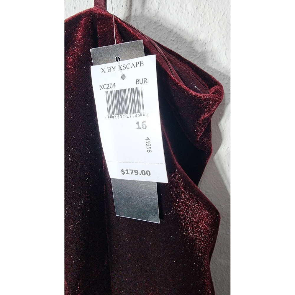 X by Xscape Velvet Gown 16 Burgundy Off Shoulder Ruched Evening Dress XC204 NEW - Picture 4 of 12